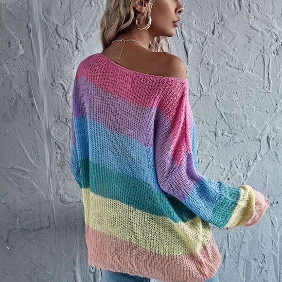 pink color block stripes oversized knit sweater - Picture 4 of 6
